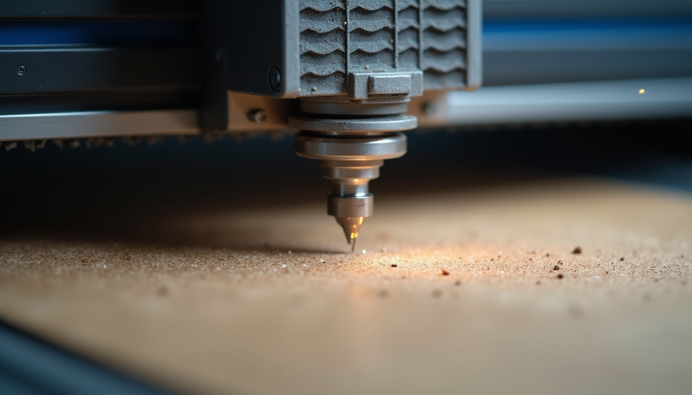 Close-up view of laser cutting machine working on wooden material