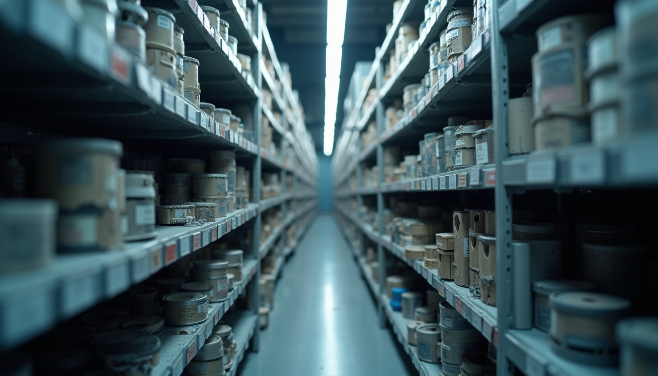 Eye-level view of laser machine parts organized on shelves